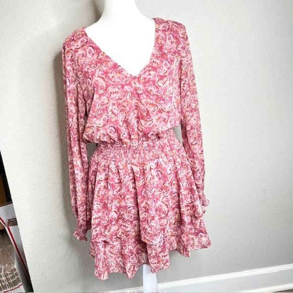 Aqua Pink Metallic Chiffon Paisley Ruffle Mini Dress Size Large - Picture 3 of 16